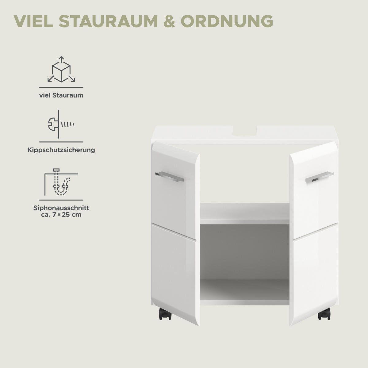 WASCHBECKENUNTERSCHRANK AUF ROLLEN Ice weiß hochglanz 60/30/58 cm - Weiß, Holzwerkstoff (60/58/30cm) - Xonox