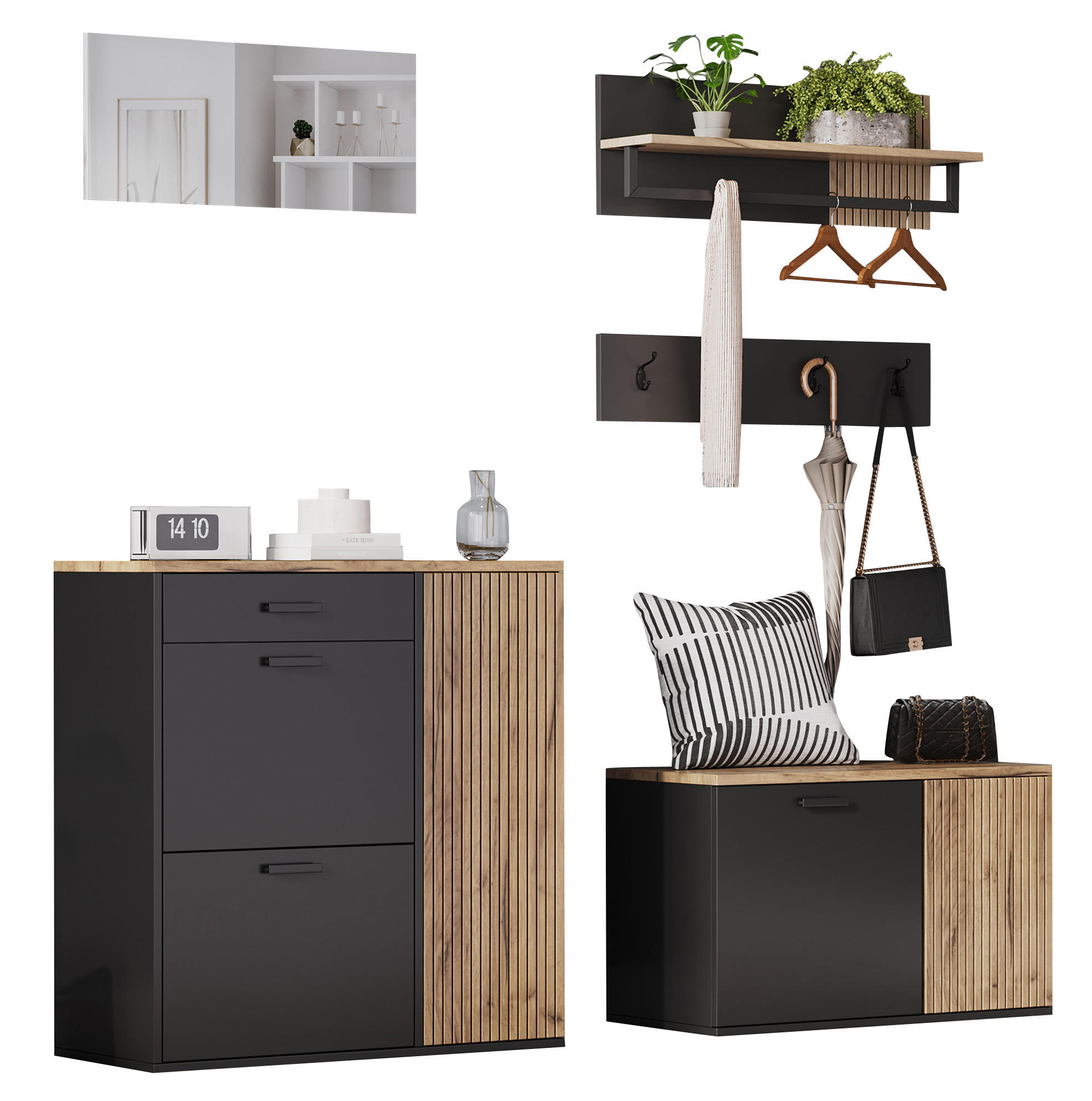 SCHUHSCHRANK 85/85/36 cm Natur/Schwarz aus Holzwerkstoff mit Schuhbank 5er Set - Naturfarben, Holzwerkstoff (85/85/36cm) - OKMYHOME
