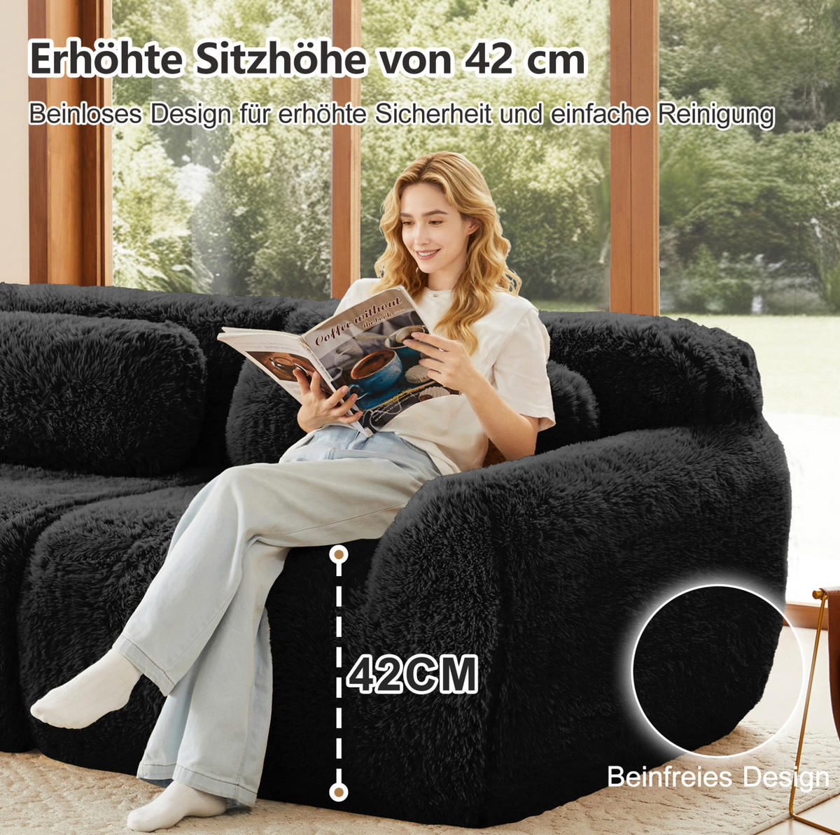 2-SITZER Sofa aus Plüsch in Schwarz mit modularem Design - Schwarz, Textil (104/73/204cm) - Modfu
