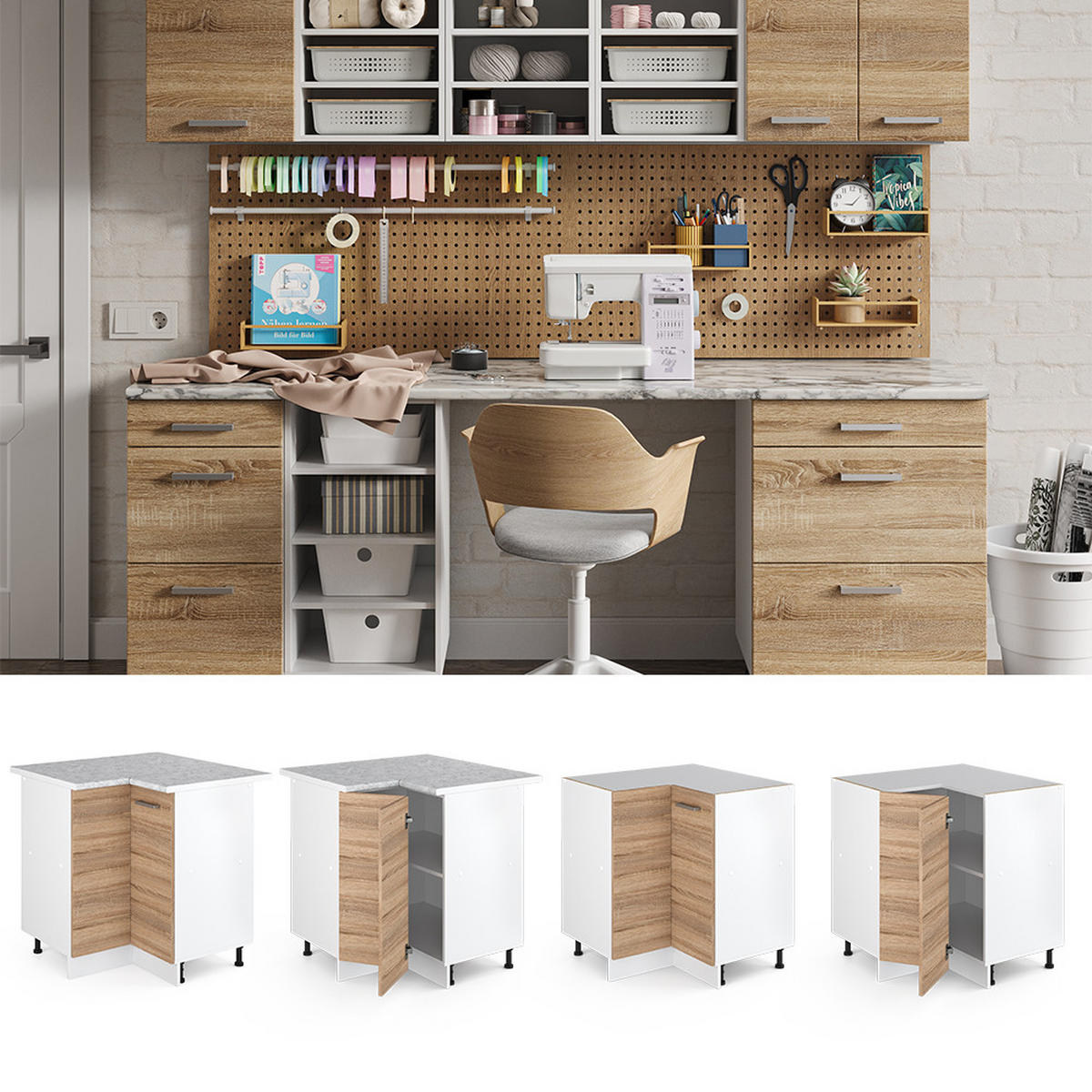 ECKSCHRANK FÜR HAUSRAT R-Line Sonoma 75.6 cm mit Tür, ohne Arbeitsplatte - Weiß/Sonoma Eiche, Holzwerkstoff (75.6/81.6/46cm) - Vicco