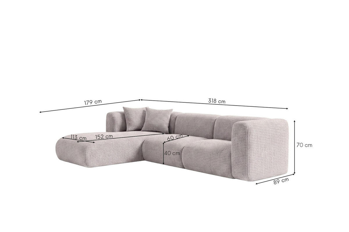 ECKSOFA L-Form, Chenille-Stoff Cremona, Hellgrau, Links, GRETA - Hellgrau, Holz (318/179cm) - Kaiser Möbel