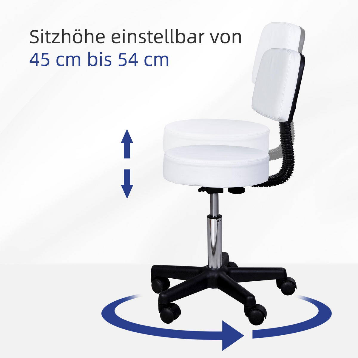 ARBEITSHOCKER höhenverstellbar Rollhocker Drehhocker mit Lehne Rollen Büro Weiß - Weiß, Kunststoff (35/84/35cm) - HOMCOM