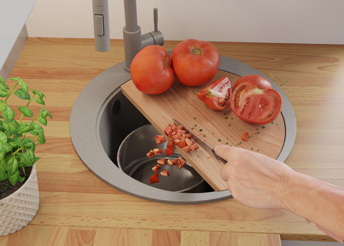 SPÜLBECKEN RUND Pisa, 2-er set Grau 50/50 cm 1 Becken + Ablauf-Set + Schneidebrett ab 45er Unterschrank - Beige/Grau, Kunststoff (50/20/50cm) - Primagran