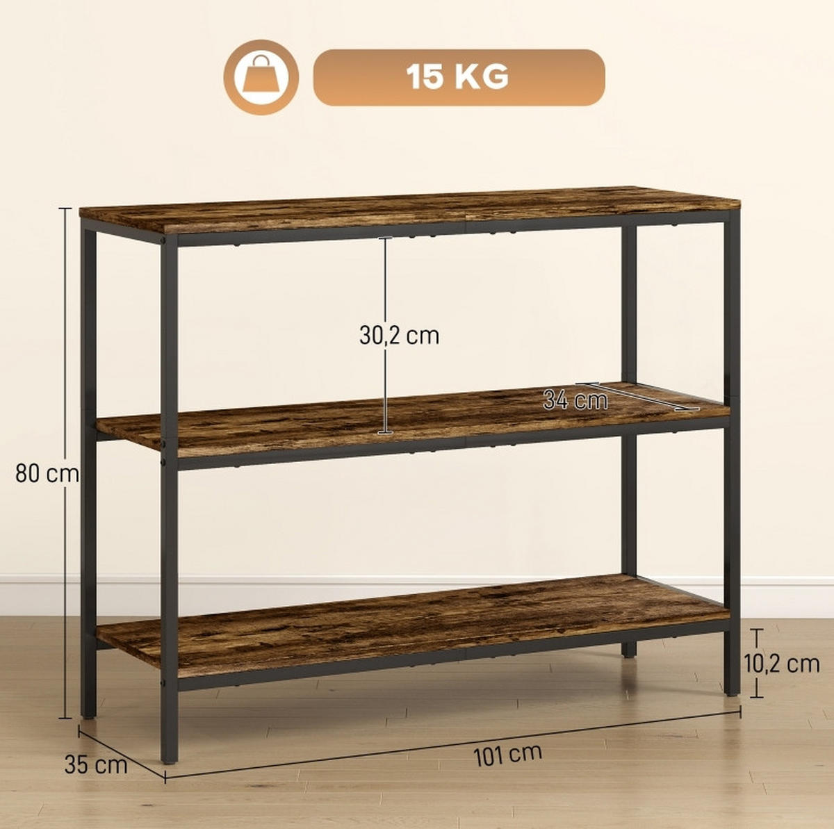 KONSOLENTISCH aus Spanplatte und Metall 101x35x80 cm Rustikalbraun-Schwarz mit 3 Ebenen und Anti-Kipp-Sicherung - Braun, Holzwerkstoff (35/101/80cm) - Modfu