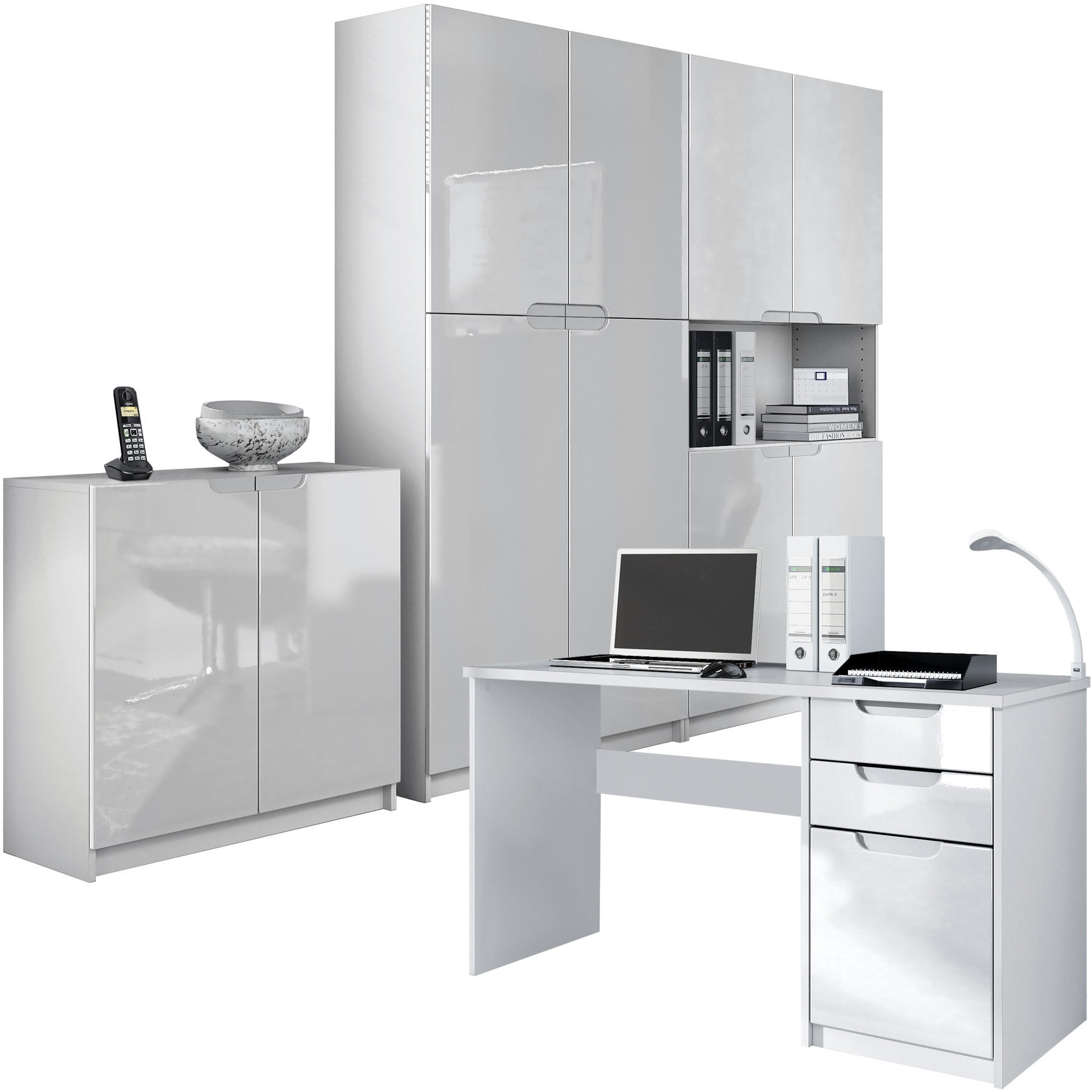 Vladon Büromöbelset Weiß Hochglanz 246x185x60 cm