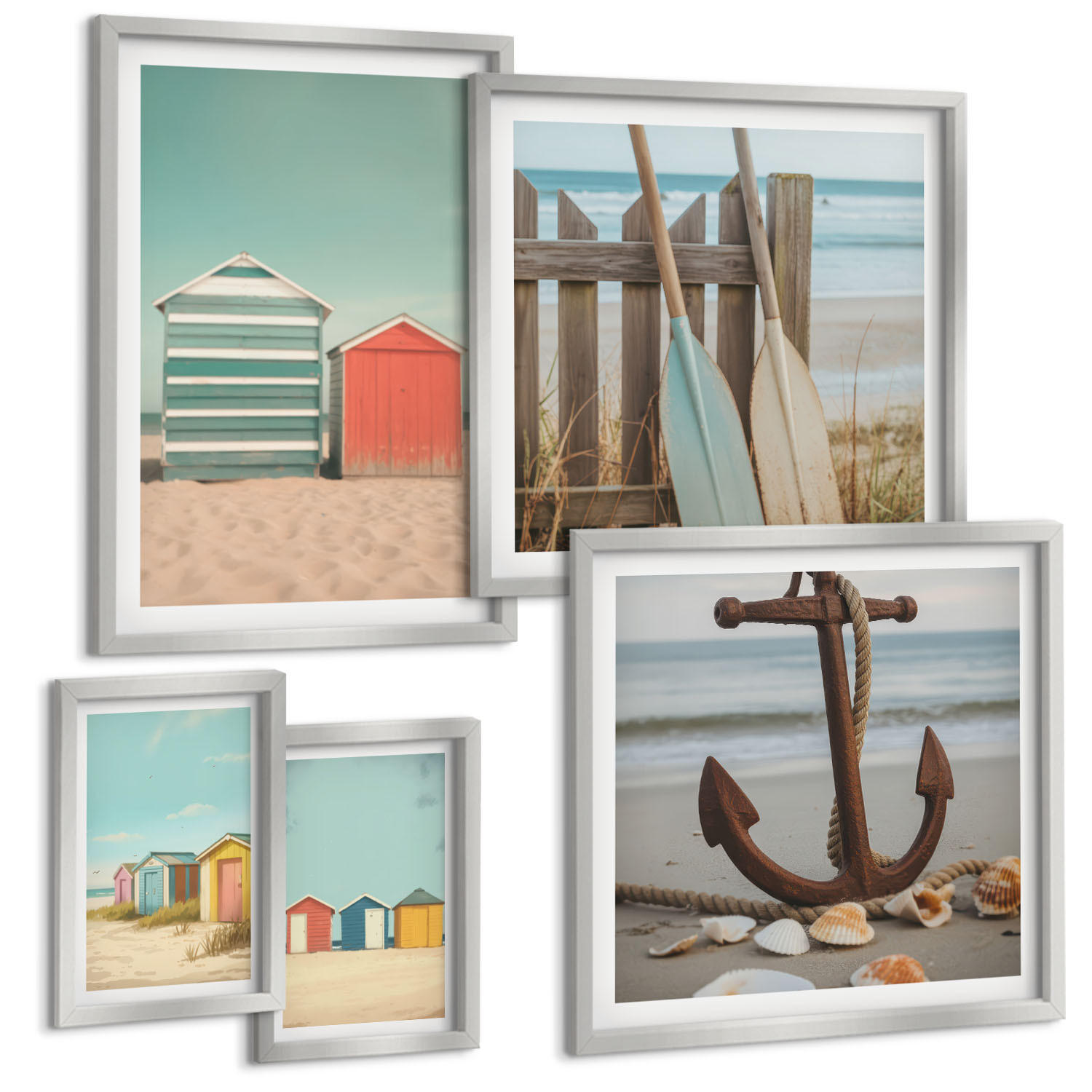 BILDER SET 5er Set - 50x50 cm & 20x30 cm & 40x60 cm Silberner Rahmen - Bunte Häuser, Strand, Sonne - Silberfarben, Kunststoff (40/60cm) - TULUP