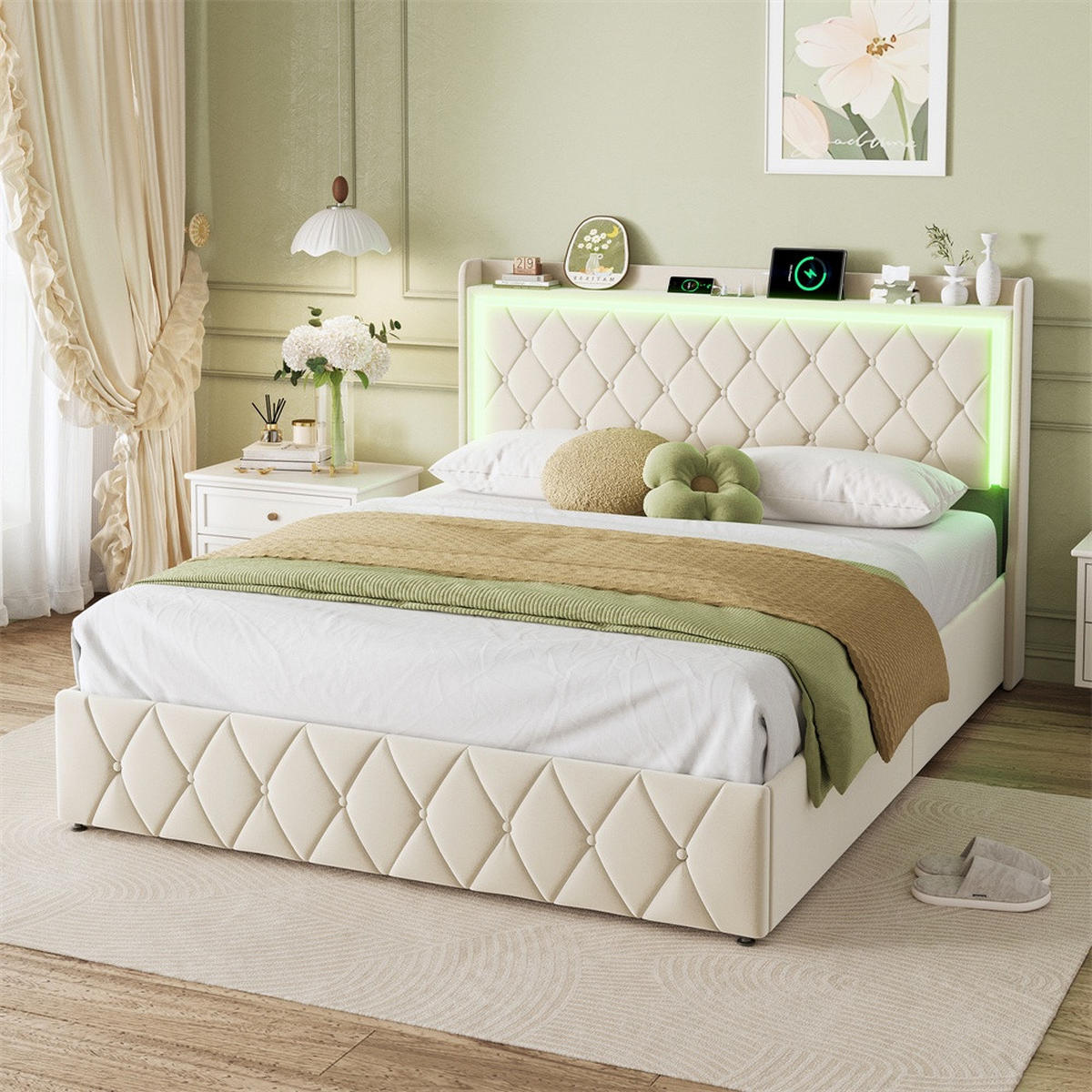 POLSTERBETT 160x200cm mit hydraulischem Stauraum - LED Beleuchtung & Ladefunktion - ohne Matratze - Beige - Beige, Textil (160/200cm) - DELFA