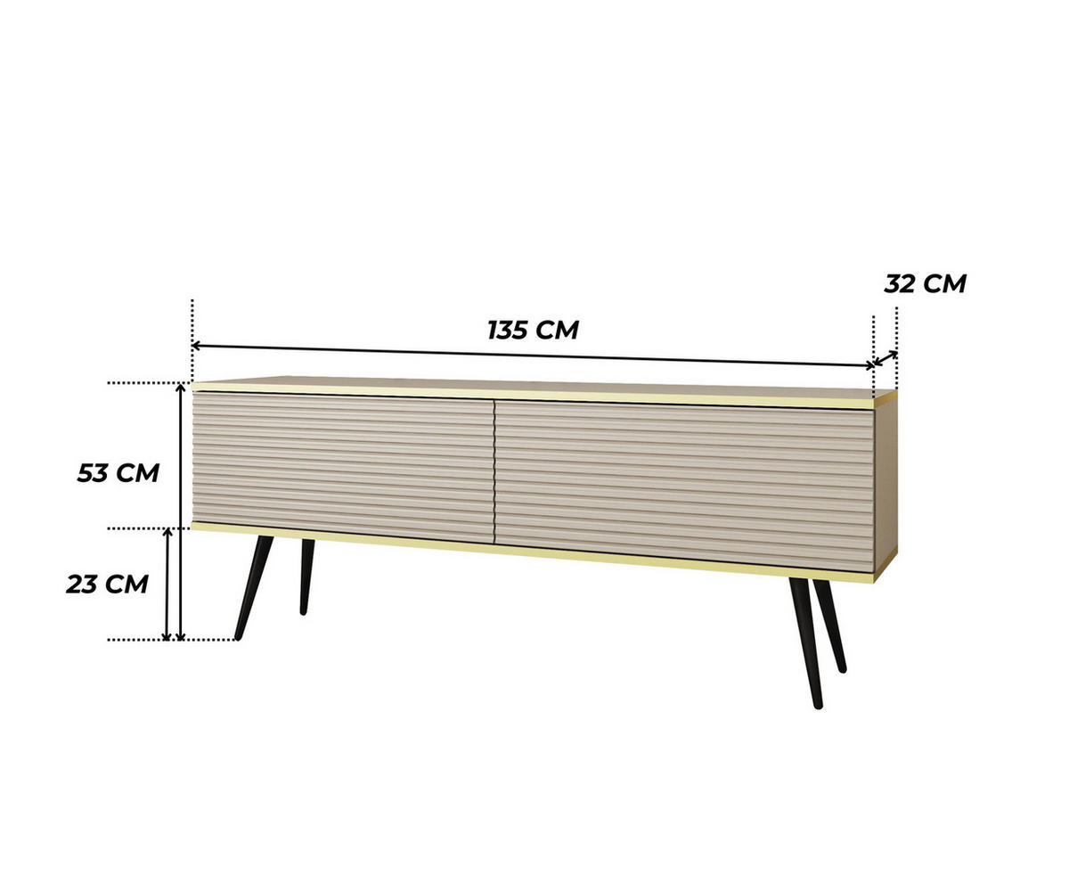 TV-BOARD FORNO (Beige, Rillenfront, Goldene Details, 2 Klapptüren, schwarze Metallfüße, 135 cm) - Beige/Schwarz, Holz/Holzwerkstoff (135/53/32cm) - Ravio