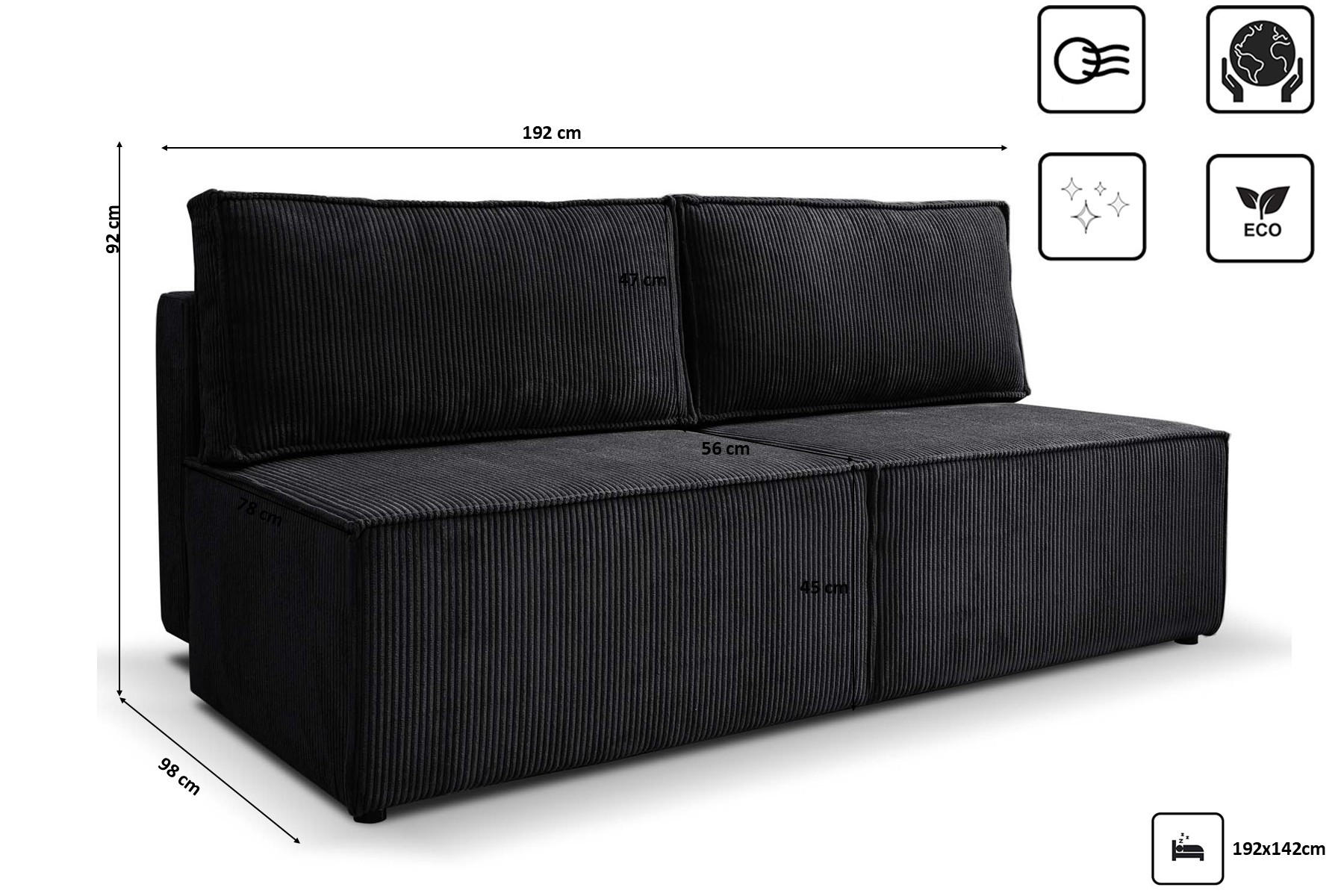Thumbnail - Kaiser Möbel Schlafsofa, Schwarz, Textil, 3-Sitzer, Rechteckig, 192x92x98 cm, Wohnzimmer, Sofas & Couches, Schlafsofas