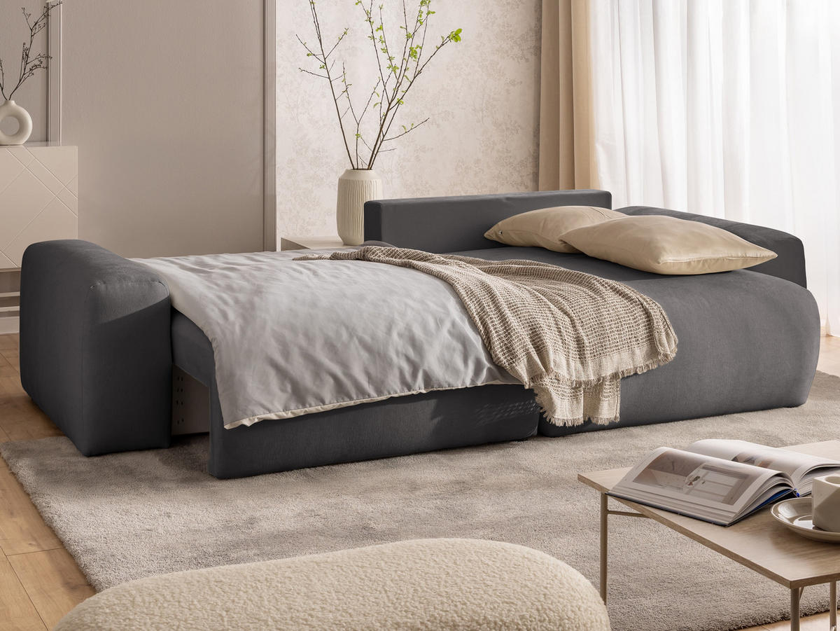 ECKSOFA Puffy mit Schlaffunktion und Bettkasten - besonders weich und puffig aus Taupe Webstoff - Ottomane rechts - Taupe/Schwarz, Holz/Kunststoff (266/138cm) - S-Style Möbel