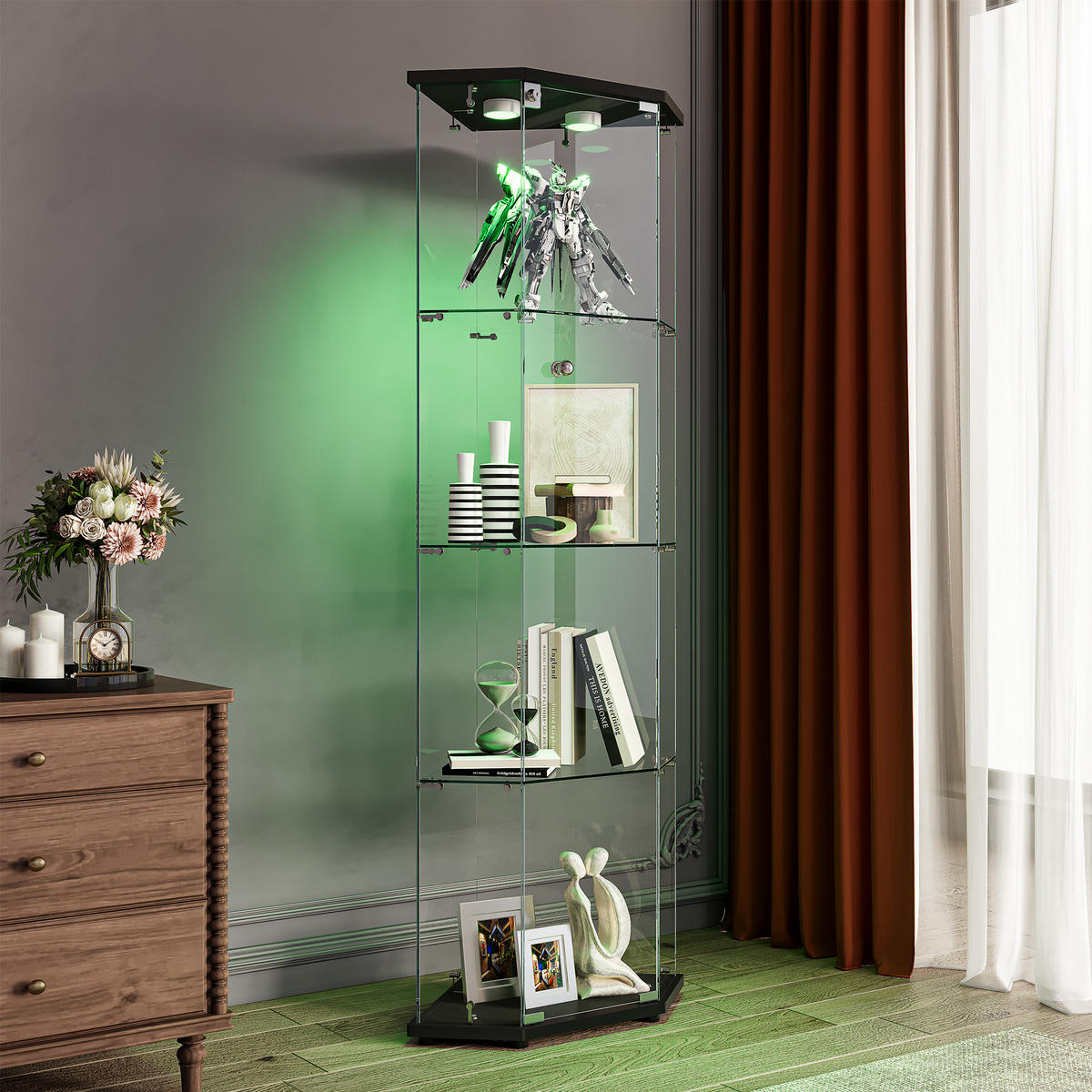 ECKSCHRANK 5-Eck, 1 Tür, 4 Ebenen, LED, schwarzer Sockel - Schwarz, Glas (42.5/162/60cm) - SHOPENTRA