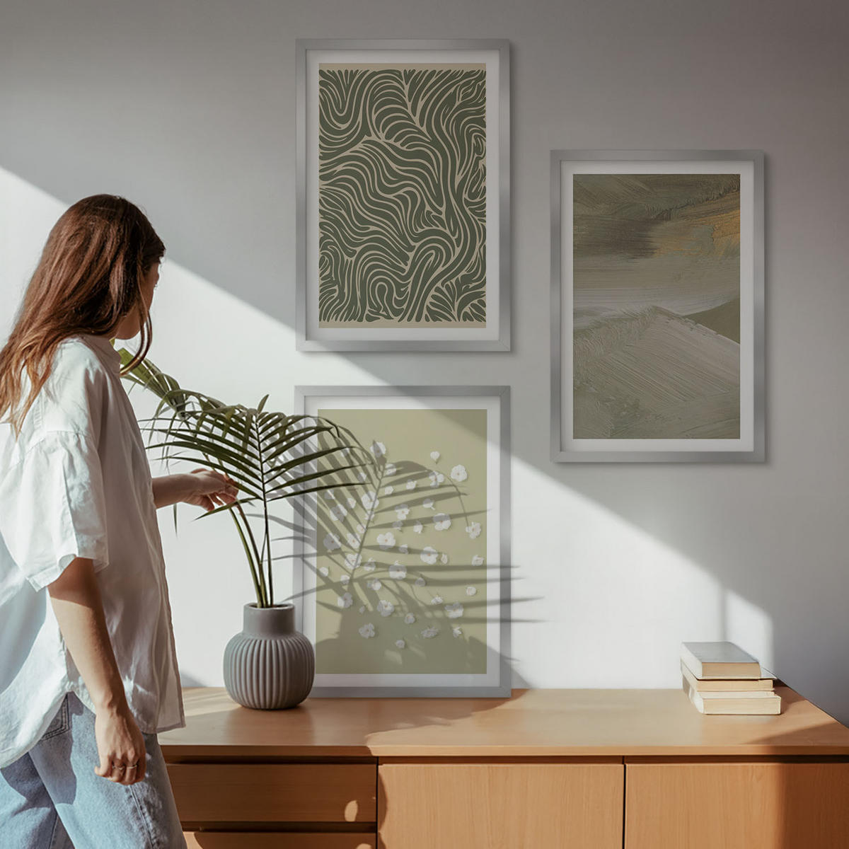WANDBILDER 3er Set - 40x60 cm Silberner Rahmen - Abstrakte florale Wellenmuster - Silberfarben, Kunststoff (40/60cm) - ArtPrintCave