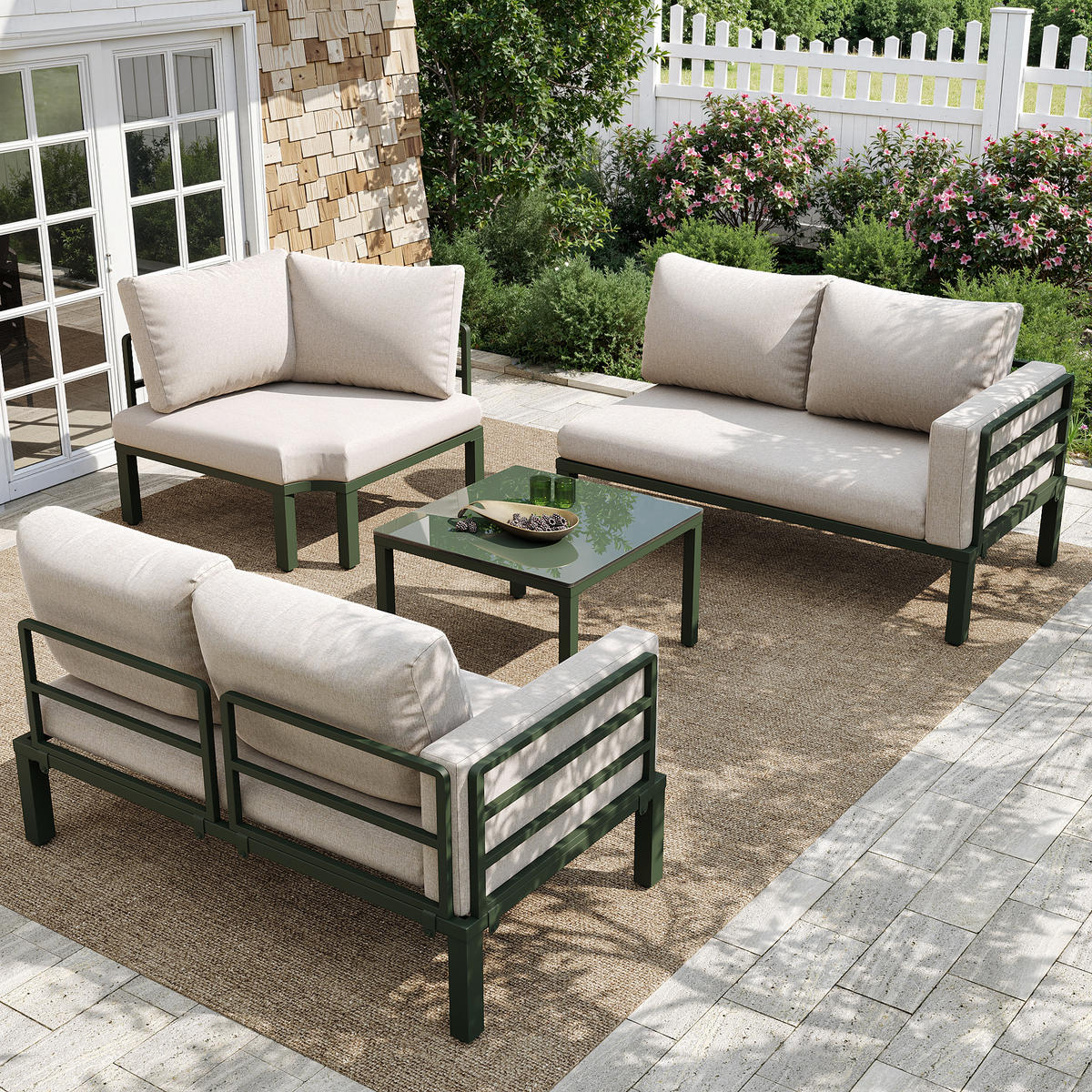 GARTENSET 4-5 Sitzer Beige Mit Verstellbaren Füßen & Glastisch - Beige, Metall - FLIEKS