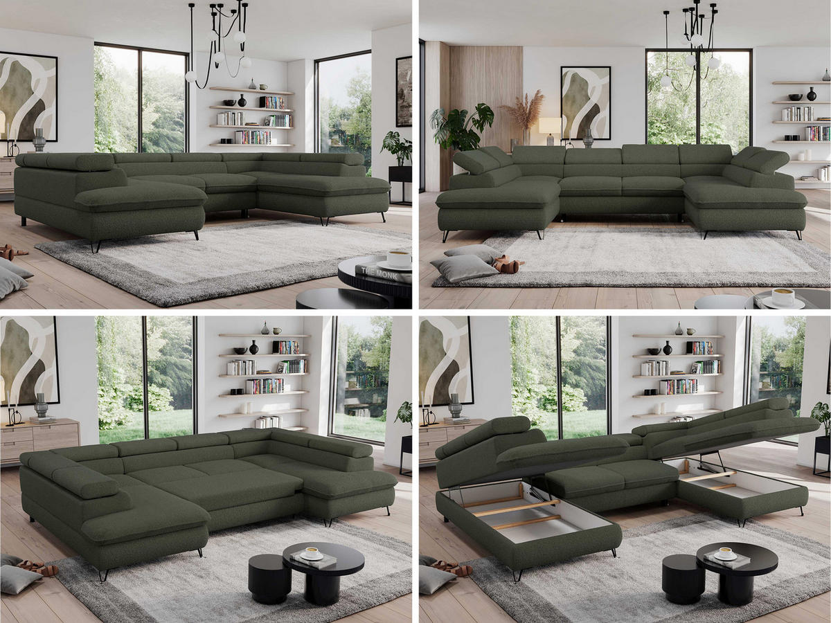 WOHNLANDSCHAFT PEDRO U Boucle Grün - Schwarz/Grün, Textil/Metall (346/76/208cm) - MKS