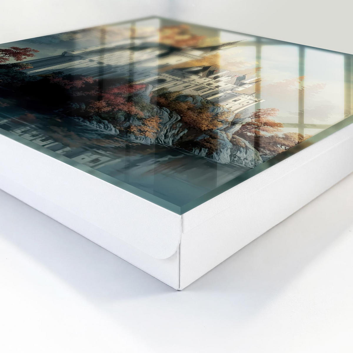 SCHLÜSSELBOX Weiß 30x30 cm – Türöffnung nach rechts - Schloss im Herbst - Grau, Metall (30/30/5cm) - TULUP