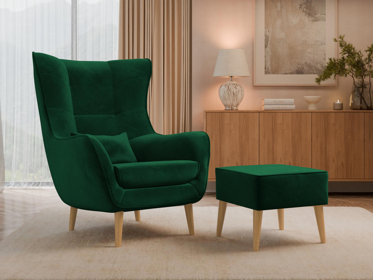 SESSEL Estjano mit Fußbank - Dunkelgrün/Beige, Holz/Textil (80/106/95cm) - MIRJAN24