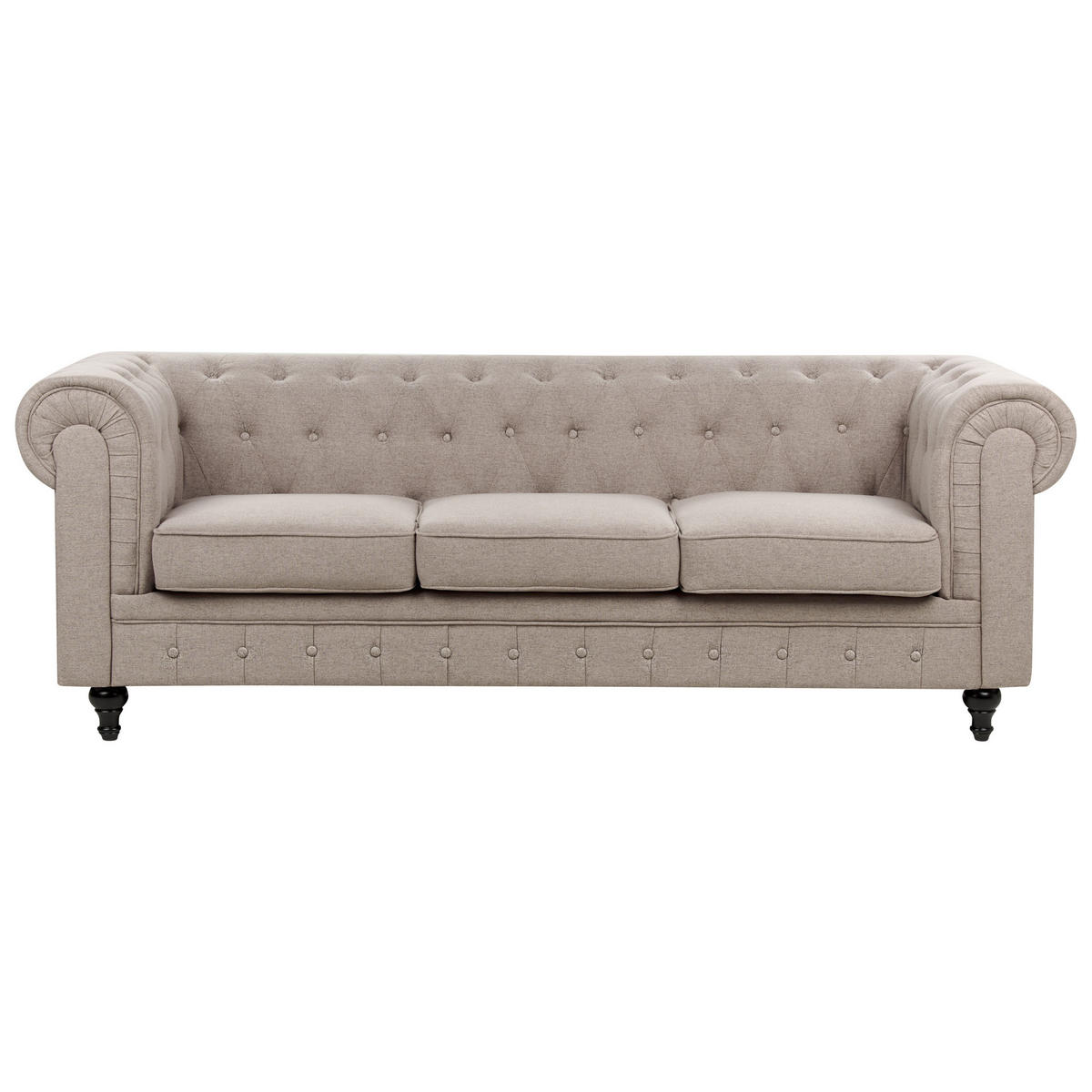 3-SITZER-SOFA Leinenoptik taupe Chesterfield - Beige/Dunkelbraun, Textil (202/70/75cm) - Beliani