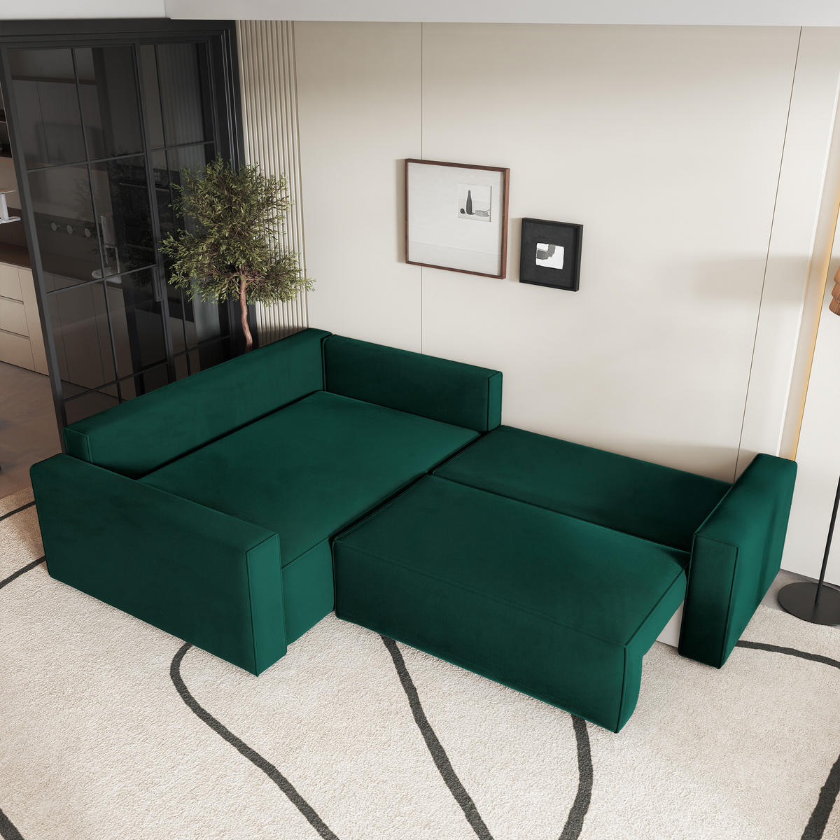 ECKSOFA ERONIS L-S Grün Velours-Stoff mit Schlaffunktion - Grün, Holz (265/194cm) - MASSENO