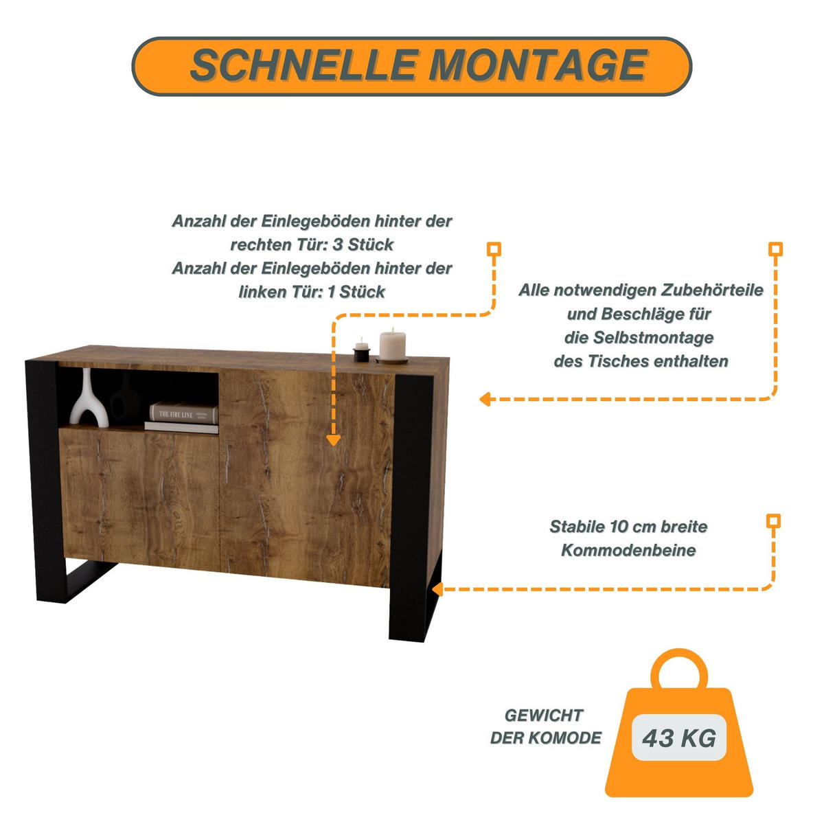 KOMMODE Karo 120/75/43.6 - Nussbaumfarben/Schwarz, Holzwerkstoff (120/75/43.6cm) - RAUMHIRSCH FURNITURE