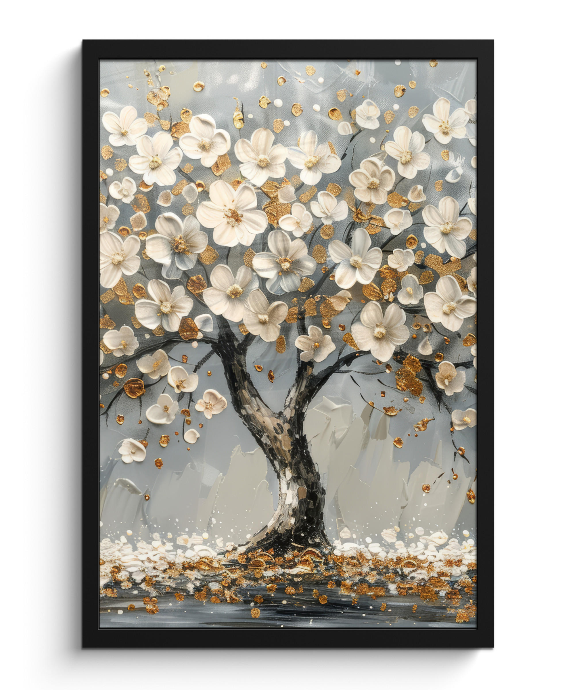 GERAHMTES BILD Baum - Blumen - Weiß - Natur - Kunst 40x60 cm - Weiß, Papier (40/60cm) - MuchoWow