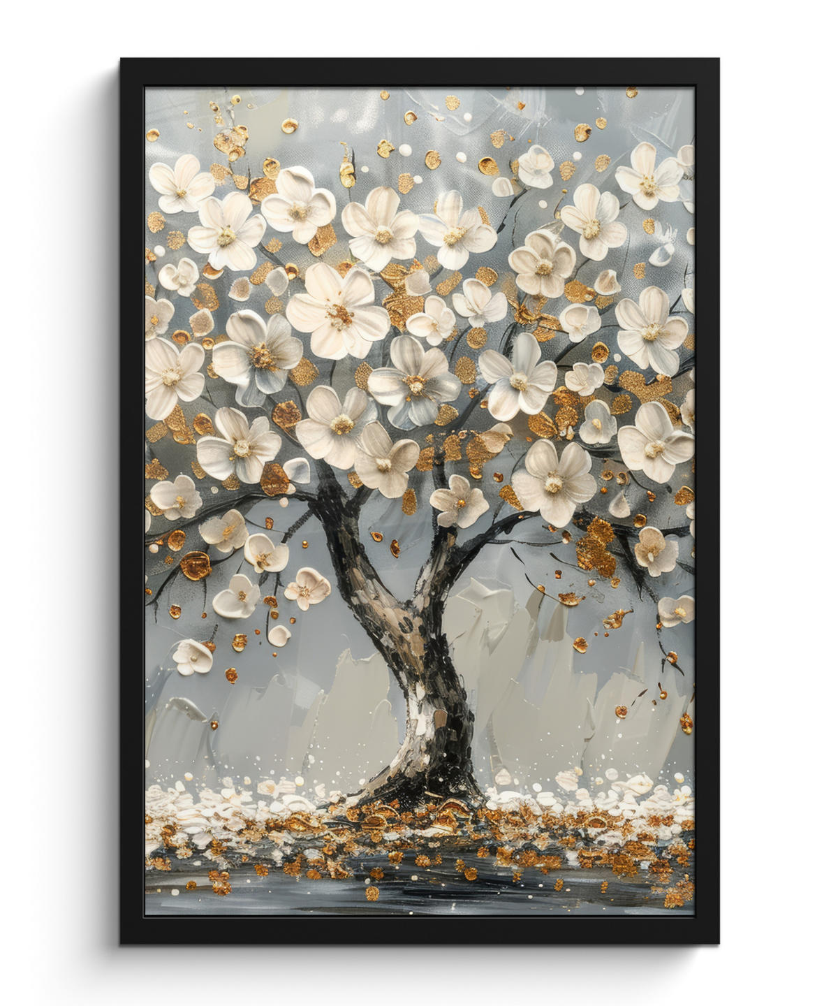 GERAHMTES BILD Baum - Blumen - Weiß - Natur - Kunst 40x60 cm - Weiß, Papier (40/60cm) - MuchoWow