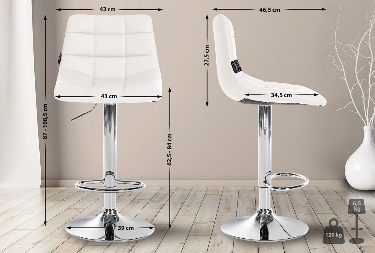 BARHOCKER James Kunstleder chrom weiß - Chromfarben/Weiß, Kunststoff/Metall (43/108.5/46.5cm) - TPFLiving