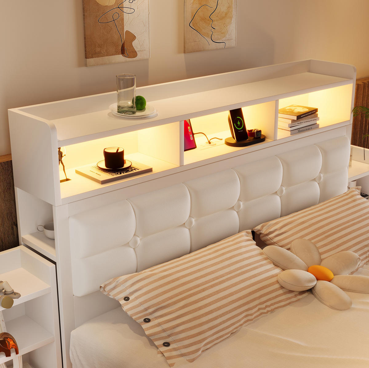POLSTERBETT 140/190 cm mit LED, USB-/USB-C-Ladestation und 2 ausziehbaren Nachttischen, Weiß - Weiß, Metall (140/190cm) - Redom