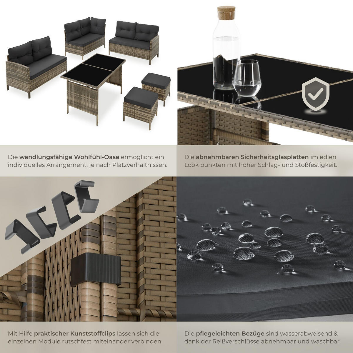 RATTANLOUNGE Barletta, mit Sicherheitsglasplatten, natur - Naturfarben, Kunststoff - tectake