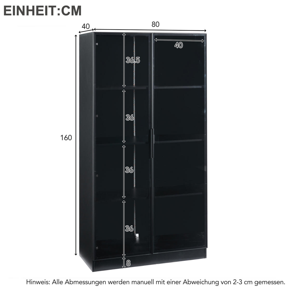VITRINE 80/40/160 cm in Schwarz mit LED-Beleuchtung und Glastüren - Schwarz, Holzwerkstoff (40/160/80cm) - Flora Grace