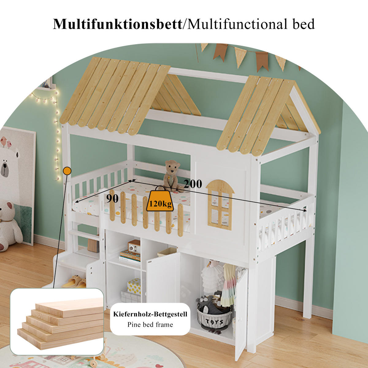 ETAGENBETT 90/200 cm in Weiß & Natur mit Regal, Schrank und Treppe - Weiß/Naturfarben, Holz/Holzwerkstoff (90/200cm) - WISHDOR