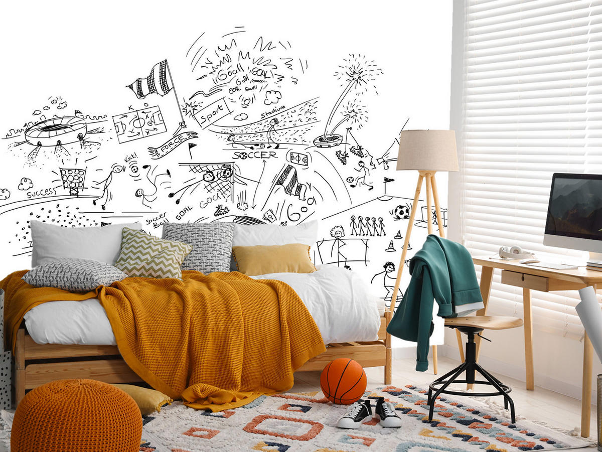FOTOTAPETE für Kinderzimmer Fußball Skizzen Tor Stadion Sport 450x315 - Schwarz/Weiß, Papier (450/315cm) - Muralo