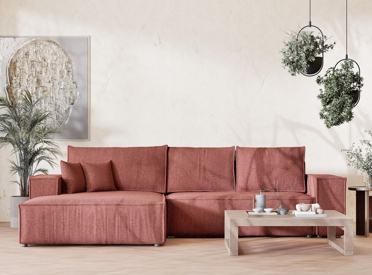 ECKSOFA Maze Korallenfarbe Webstoff - Links Seite - Koralle/Schwarz, Holz/Holzwerkstoff (185/294cm) - Maison de Reve