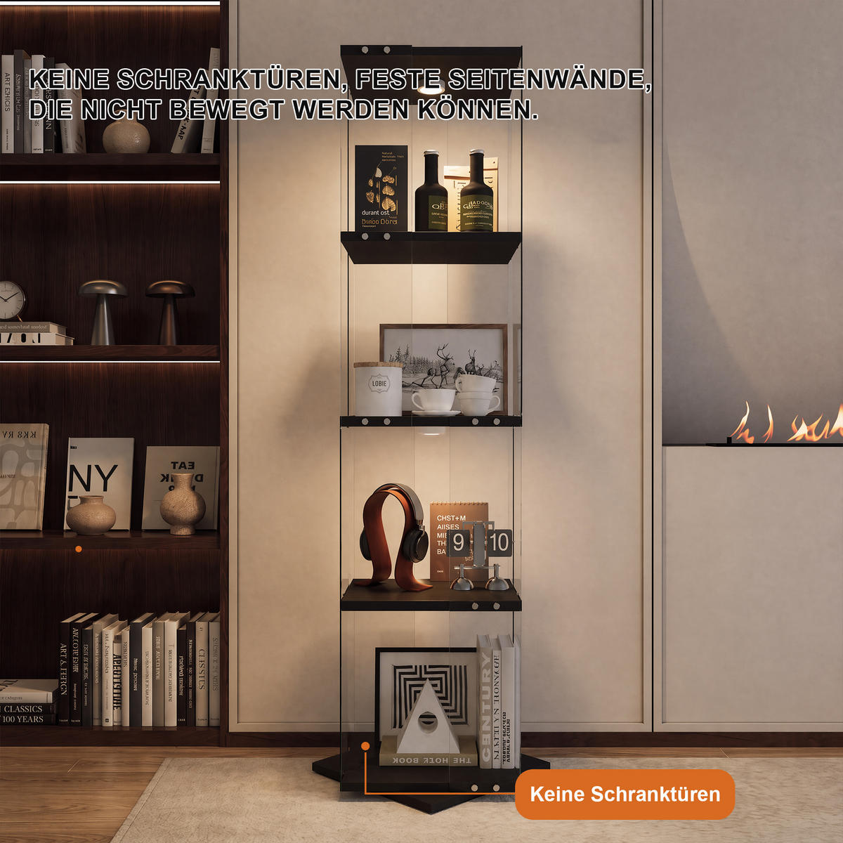 GLASVITRINE 360° drehbar mit RGB LED, schwarz, 4 Ebenen - Schwarz, Glas (38/160/38cm) - SHOPENTRA
