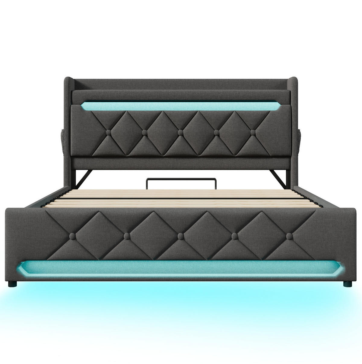 POLSTERBETT 140x200 cm Grau aus Leinen mit Matratze, LED, USB-C und hydraulischem Stauraum - Grau, Textil (140/200cm) - IVMEU