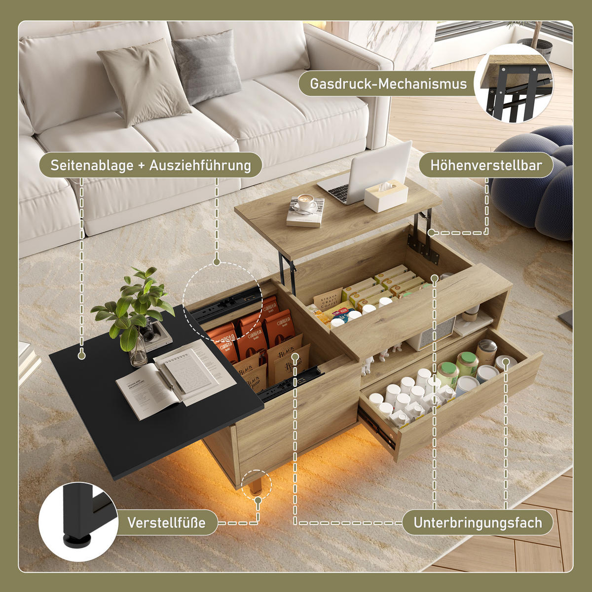 COUCHTISCH Natur Holzwerkstoff höhenverstellbar mit LED-Bodenlicht und vielfältigem Stauraum - Naturfarben, Holzwerkstoff (50/106.5/27.5cm) - Luhomfu