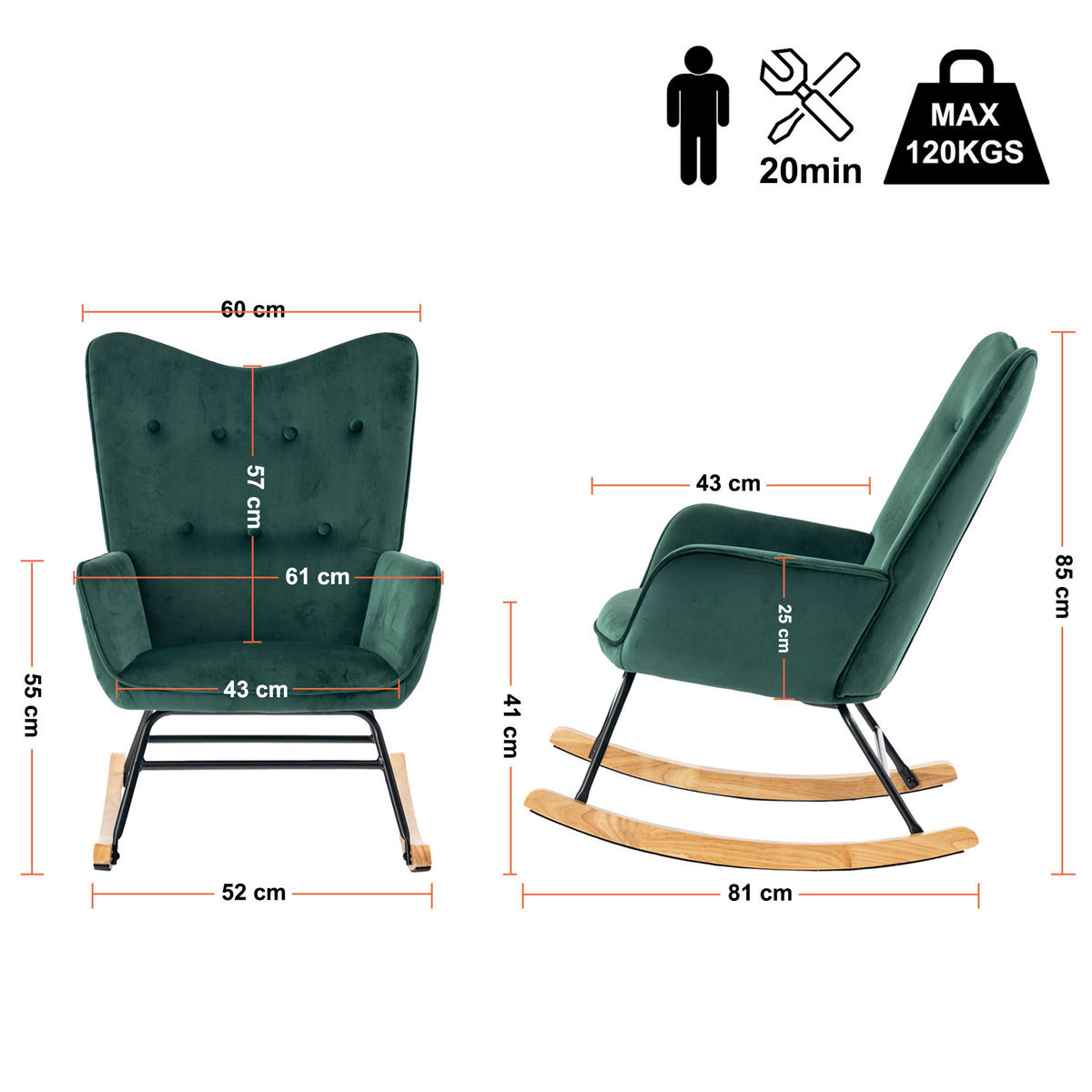 SCHAUKELSESSEL Samt Grün - Dunkelgrün/Eichefarben, Holz/Textil (61/85/81cm) - Urban Meuble