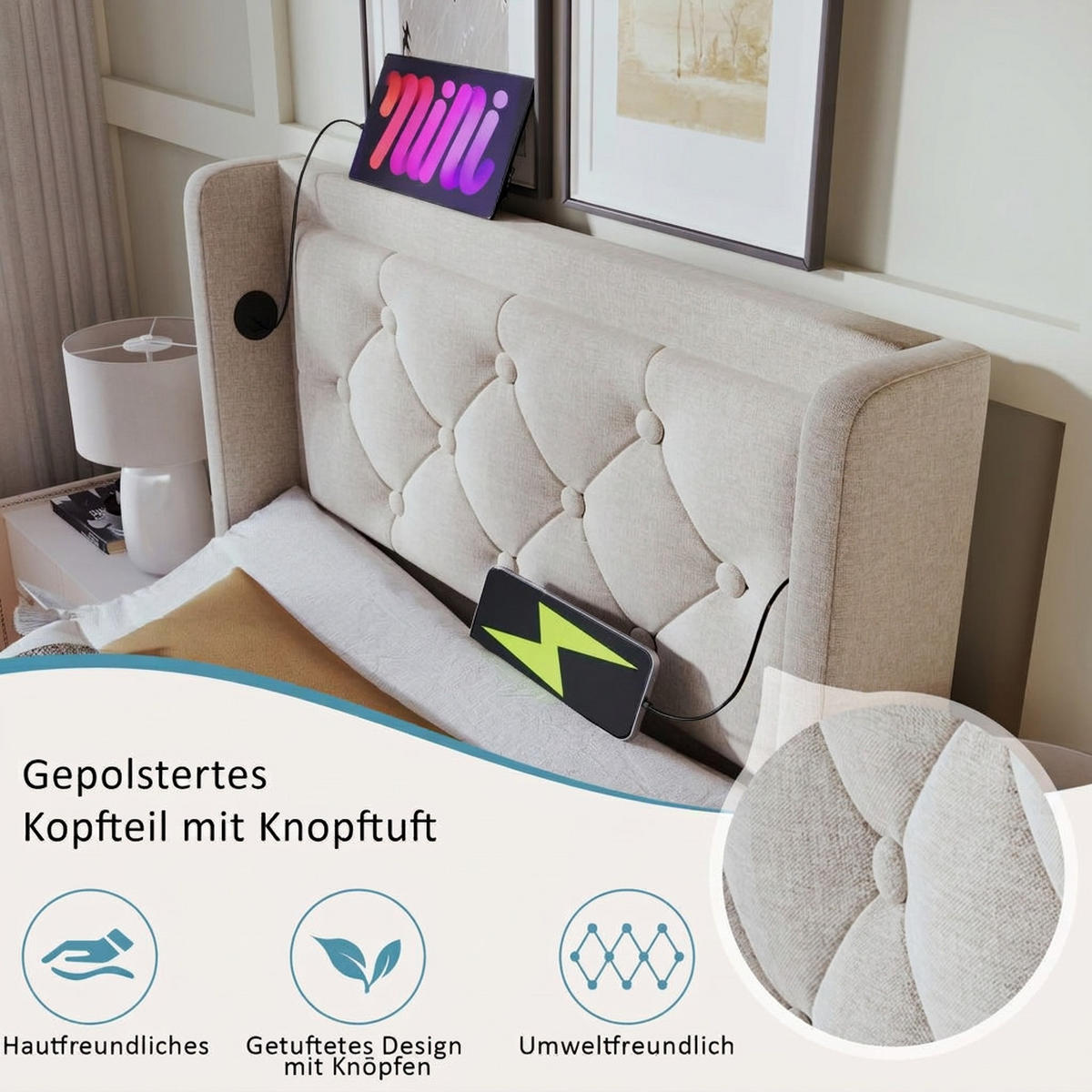 POLSTERBETT 90/200 cm Beige mit USB Typ-C Ladefunktion und 3-seitige LED-Funktion - Beige, Textil (90/200cm) - Oxeza