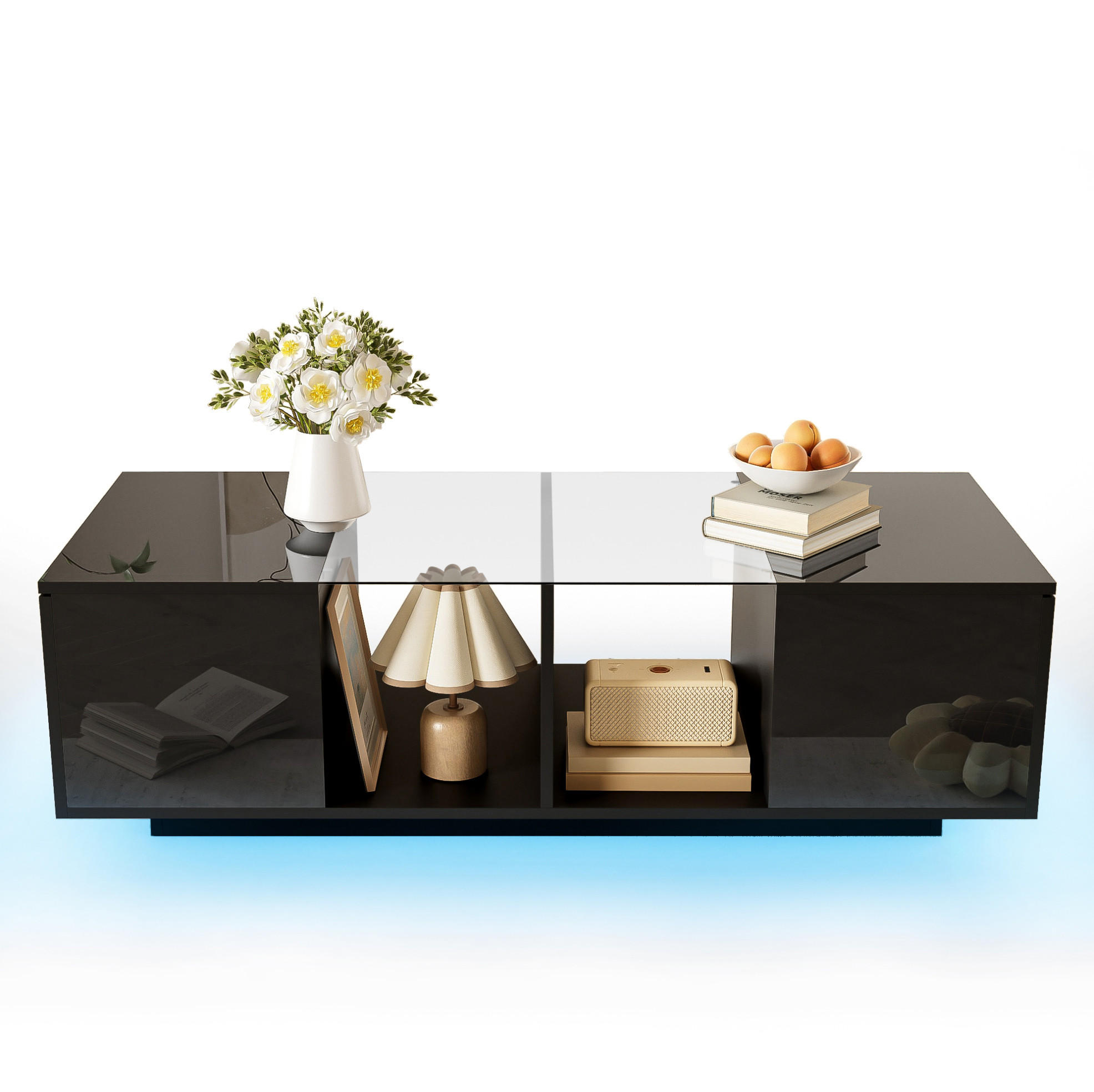 OKWISH KONFERENČNÍ stolek 120/50/38,5 cm černý ze skla a MDF s LED osvětlením a úložným prostorem