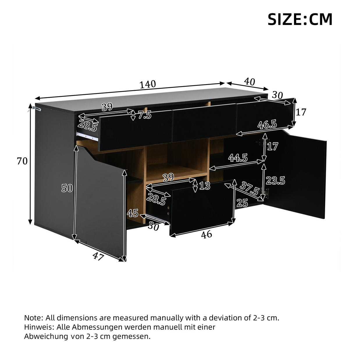 SIDEBOARD LED Schwarz Holz 4 Schubladen 2 Fächer 140x40x70cm - Schwarz, Holzwerkstoff (40/70/140cm) - FLIEKS