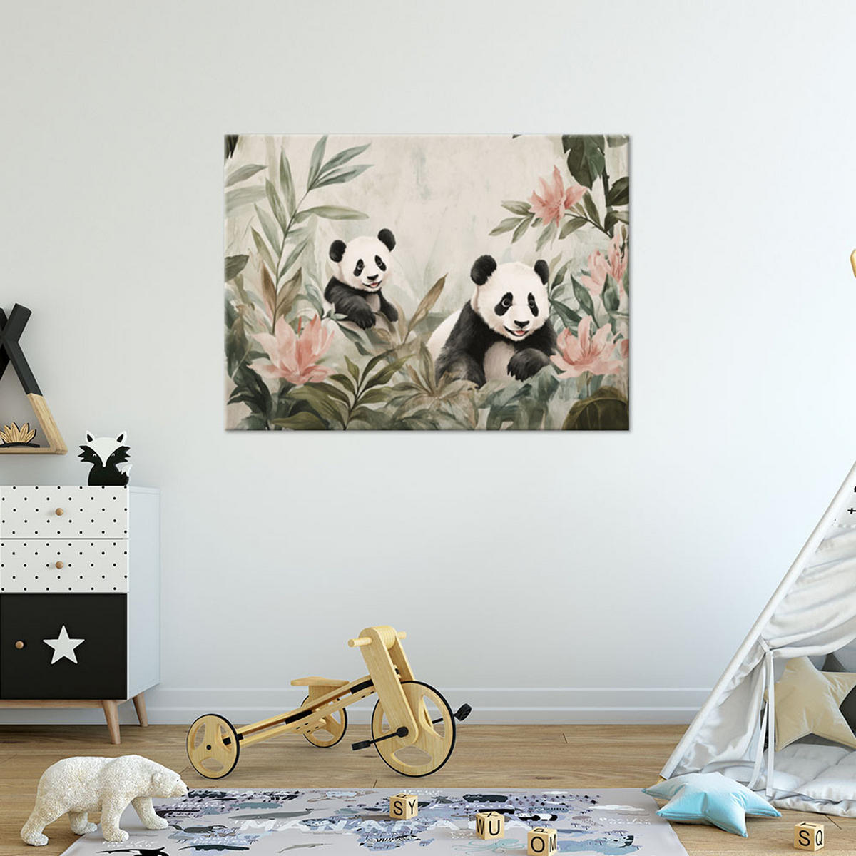 WANDBILD für jungen pandabären in blumen - Grün, Textil (60/40cm) - Feeby