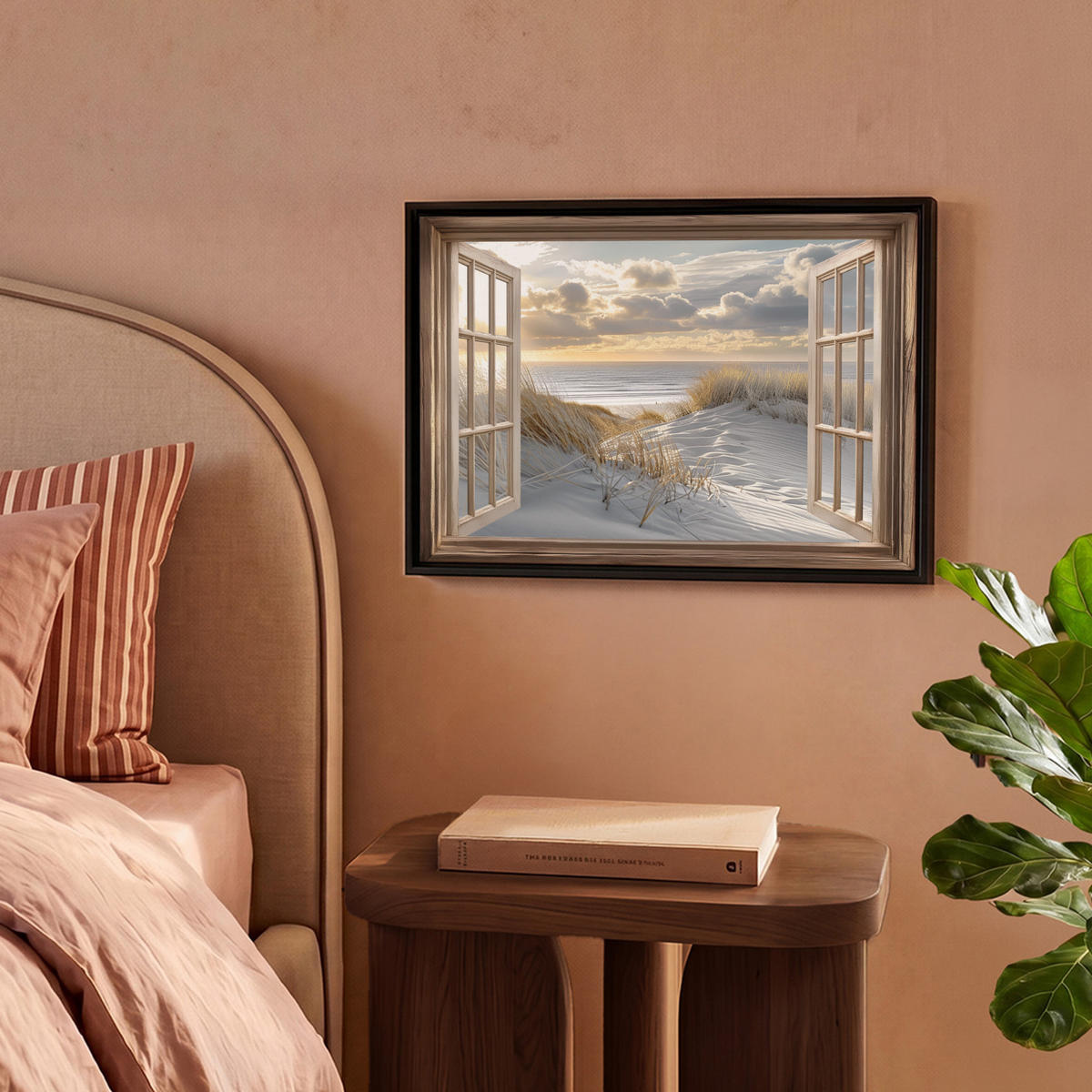 LEINWAND Bilder mit Rahmen - Ausblick - Strand - Dünen - Meer - Natur - 40x30 - Sandfarben, Textil (40/30cm) - MuchoWow