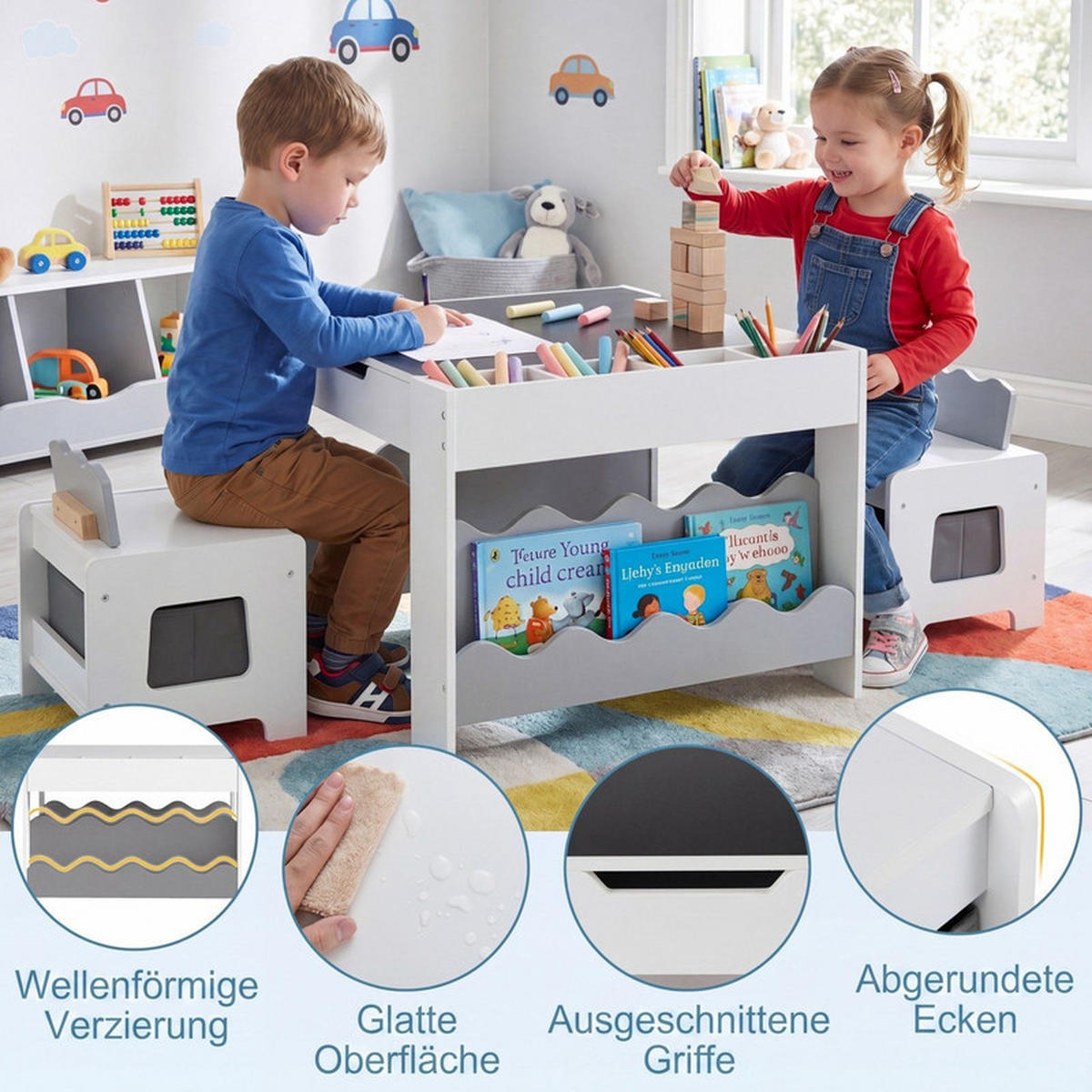 KINDERTISCH mit Stuhl grau(3-tlg) - Grau, Holzwerkstoff (66/48/64cm) - COSTWAY