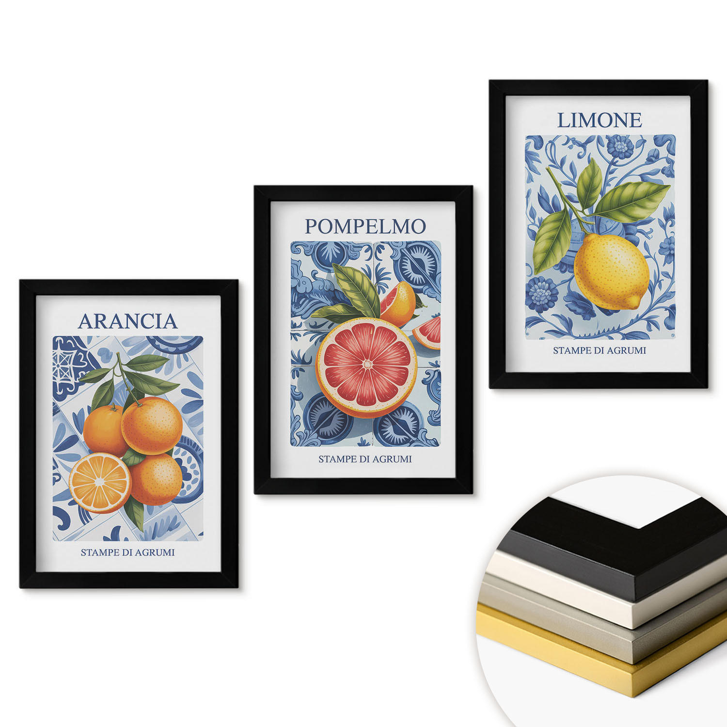 WANDBILDER 3er-Set - 20x30 cm Schwarzer Rahmen - Vintage-Illustrationen von Zitrusfrüchten - Schwarz, Kunststoff (20/30cm) - ArtPrintCave