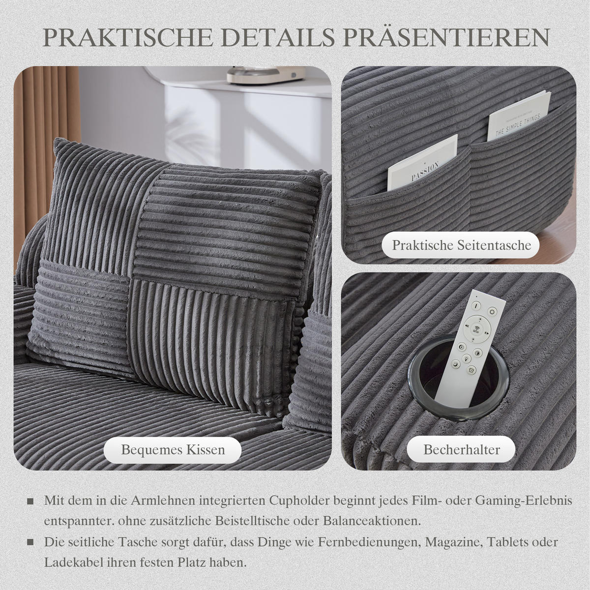 4-SITZER Wohnlandschaft Cord mit Getränkehalter und Seitentasche inklusive 2 Hocker 333/174/80 cm Dunkelgrau - Dunkelgrau, Textil (174/80/333cm) - Redom