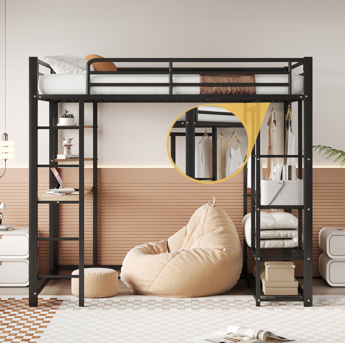 HOCHBETT 140/200 cm Schwarz aus Metall und MDF mit Schreibtisch und Kleiderstange - Schwarz, Metall (140/200cm) - OKMYHOME