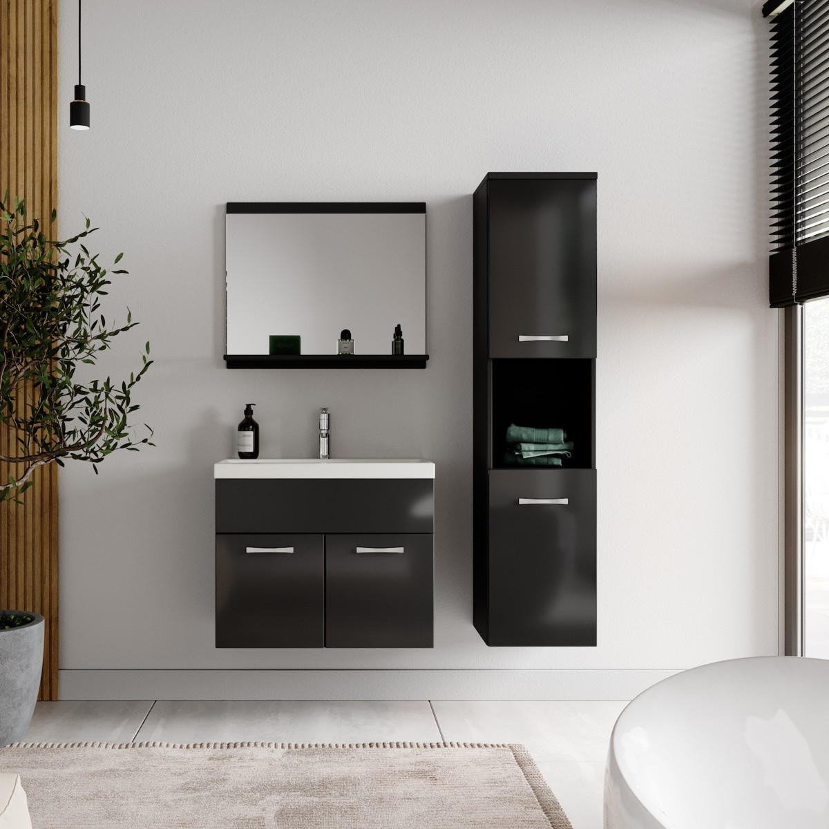 BADMÖBEL-SET Montreal 4 Teile Schwarz Hochglanz - 60 x 35 x 51 cm - Schwarz, Holz (60/51/35cm) - Badplaats