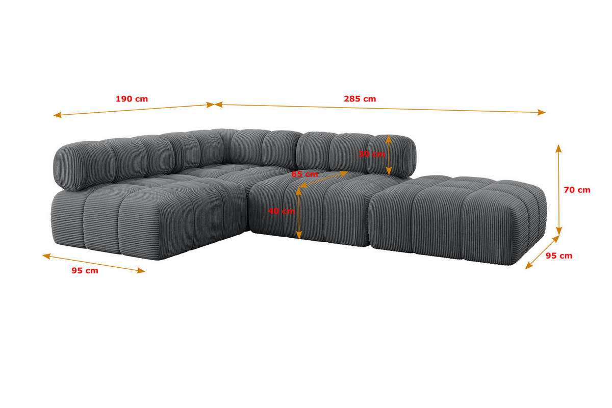 ECKSOFA modulares Sofa Favio-L1 - 285x190x70 cm Dunkelgrau Cord - Dunkelgrau, Holzwerkstoff/Textil (285/190cm) - ALTDECOR