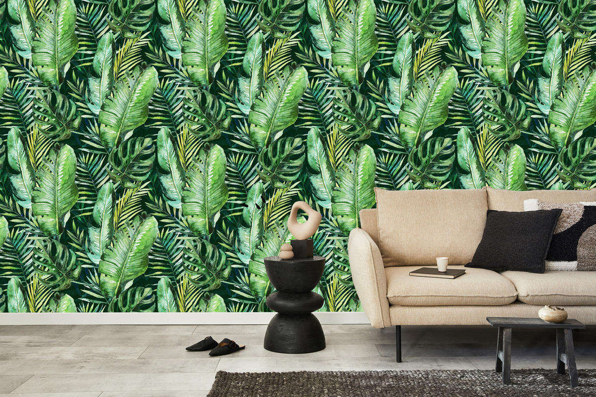 VLIESTAPETE Tropische Palmblätter – Grün – 50x1000 cm - Grün, Papier (50/1000cm) - Muralo