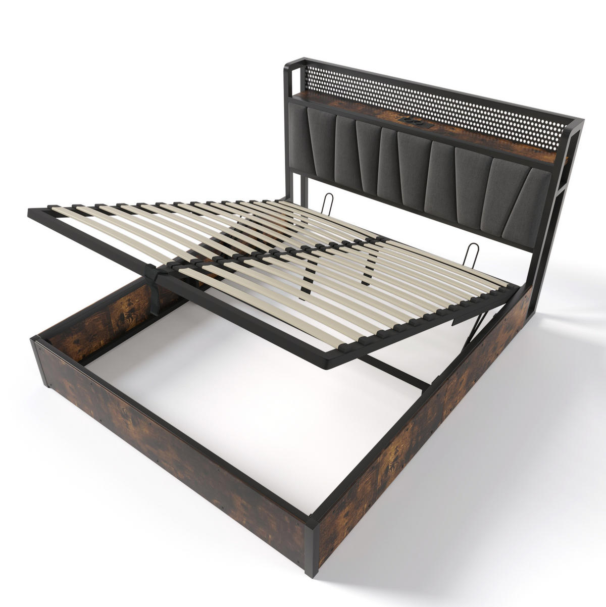 POLSTERBETT mit LED-Beleuchtung 160/200 cm in Grau mit USB, Steckdosen und Bettkasten - Grau, Textil (160/200cm) - BEAOK