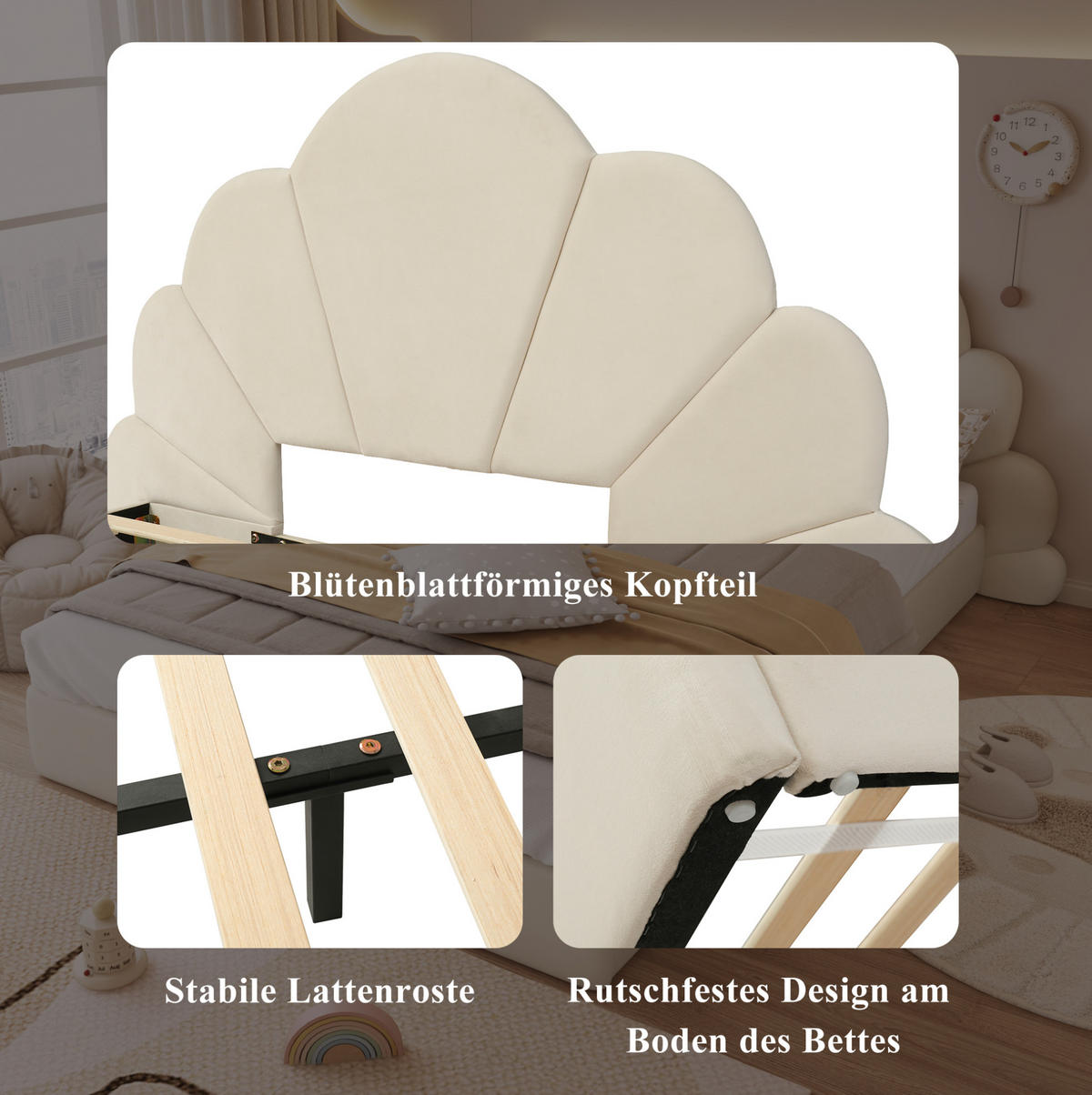 POLSTERBETT 140/200 cm in Beige aus Samt mit Blüten-Kopfteil - Beige, Textil (140/200cm) - Flora Grace